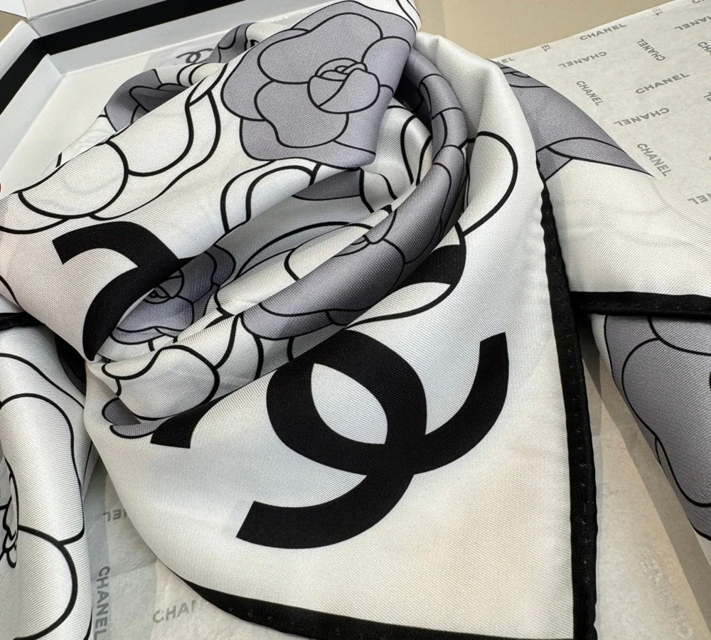 Chanel Camellia & CC Logo Silk Scarf